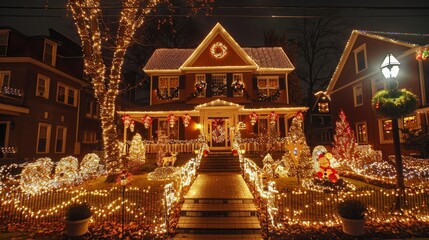 Fototapeta premium A beautifully decorated house adorned with festive lights and ornaments, creating a warm holiday atmosphere.