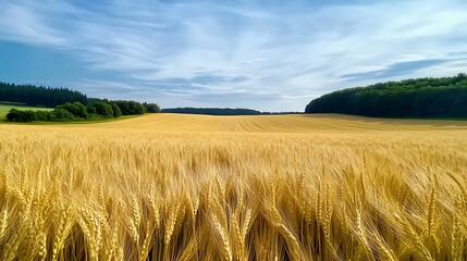 A vast field of golden wheat swaying in the wind, bordered by a dense green forest