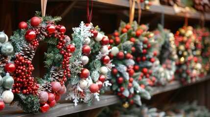 Fototapeta premium A festive display of beautifully decorated Christmas wreaths, showcasing vibrant colors and seasonal accents for holiday cheer.
