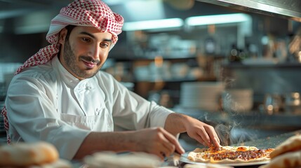 Chef in a Traditional Headscarf Finishing a Dish