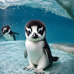 Obraz premium Cute baby penguin swimming in the pool,generative AI 