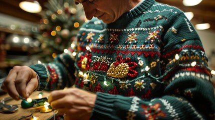 A man wearing a festive sweater decorates for the holiday season, surrounded by lights and a Christmas tree in the background.