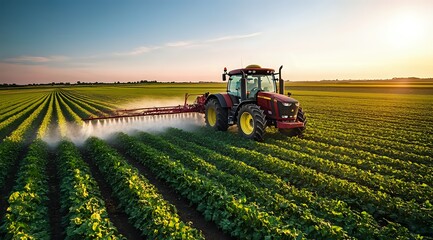 Fototapeta premium Red Tractor Sprays Crops in Field During Sunset, Agriculture Machinery, Farm Equipment, Agricultural Sprayer, Farmland