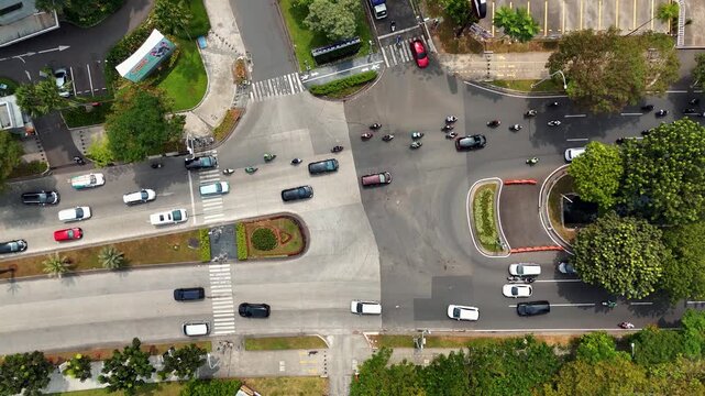Tangerang, Indonesia - August 3, 2024: Aerial view of Bintaro, South Tangerang, aerial drone view of Bintaro streets.