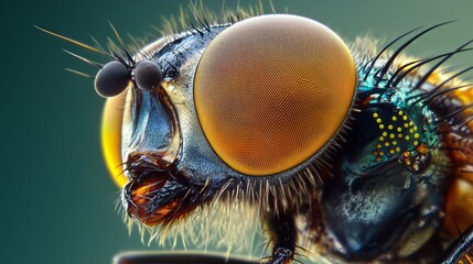 This high-resolution macro photograph captures an extreme close-up of a flyâ€™s compound eye, showcasing the thousands of tiny, hexagonal lenses that make up its surface. Each ommatidium is carefully