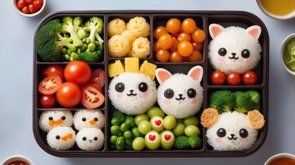 Creative Bento Box with Adorable Rice Ball Characters and Fresh Vegetables