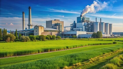Factory next to protected grasslands, showcasing the contrast between industrialization and nature, factory