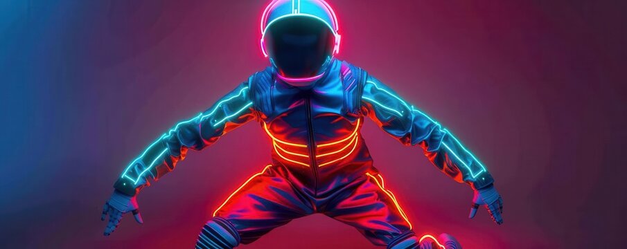 Frontal view of a mesmerizing dancer in a technicolor illuminated suit