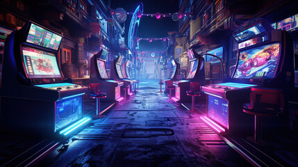 1980s Arcade Filled with Rows of Neon Game Machines