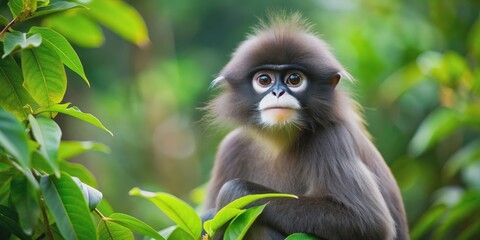 Fototapeta premium Wild Dusky leaf monkey in natural habitat in southern Thailand, Wildlife, Dusky leaf monkey, South Thailand