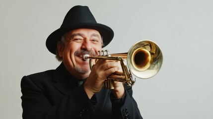Happy trumpet musician isolated on white background.