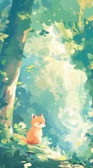 Illustration of a little fox sitting quietly in the forest