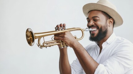 Happy trumpet musician isolated on white background.