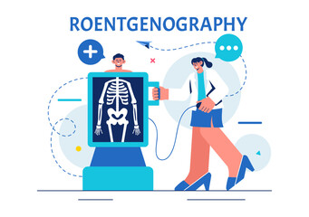 Roentgenography Vector Illustration with Fluorography Body Checkup Procedure, X-ray Scanning or Roentgen in Health Care in a Flat Cartoon Background