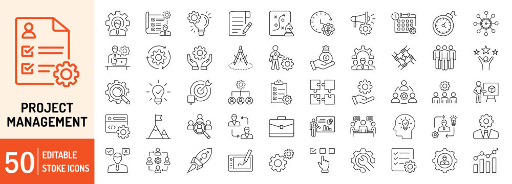 Project Management editable stroke outline web icons set. Project, management, business, plan, strategy, development, process, list and manage. Vector illustration