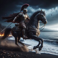 Fototapeta premium spartan riding horse on beach 3d design