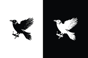 Crow icon silhouette illustration. Vector, isolated black white silhouette bird, crow icon