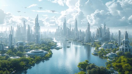 Fototapeta premium Futuristic Cityscape with River and Flying Vehicles