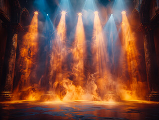 Stage bathed in dramatic blue and yellow spotlights, perfect for music or entertainment themes