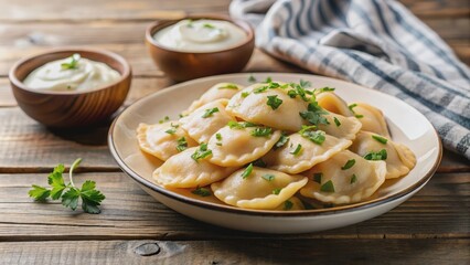 Traditional Polish pierogi served with creamy sour cream, Polish, pierogi, dumplings, traditional,...