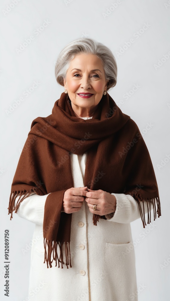 Poster older woman in brown winter scarf on white plain background pictorial model shoot portrait