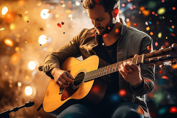 Obraz premium Man playing acoustic guitar, scene with confetti