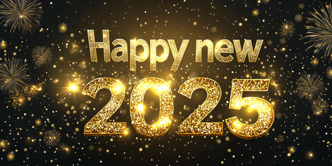 Text mit Glitter und Deko Happy New Year 2025 Frohes neus Jahr 2025 für Karte Einladung Werbebanner