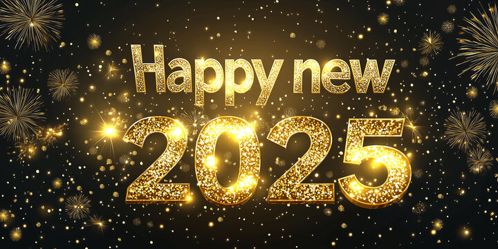 Text mit Glitter und Deko Happy New Year 2025 Frohes neus Jahr 2025 für Karte Einladung Werbebanner