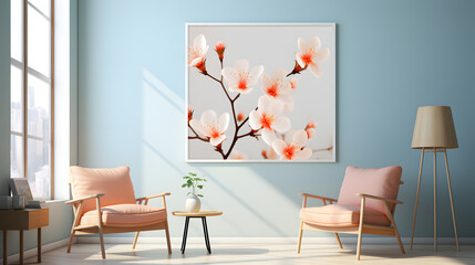 Pastel wall with minimal flower decor soft peach and blue background in living area
