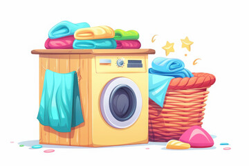 Colorful laundry scene featuring a washing machine and a basket full of freshly folded towels.