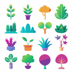 Create a gradient icon set of 16 types of plants tree art vector illustration