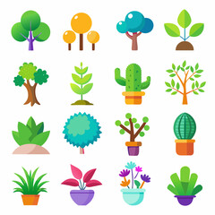 Create a gradient icon set of 16 types of plants tree art vector illustration