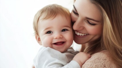 Mother holding baby happily isolated on white background.