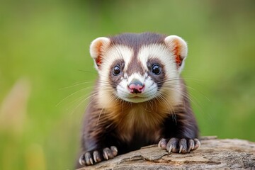 Close-up of a ferret sitting on a log with a grassy field background