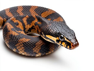 Fototapeta premium Adder in defensive pose on white background, semi close-up, no people, highlighting its danger and wild nature, more clarity with clear light and sharp focus, high detailed