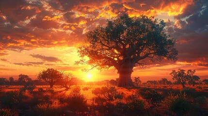 Fototapeta premium A huge old tree is burning, damaged by wildfires.