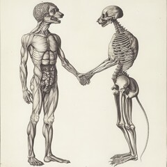 Fototapeta premium artistic representation human anatomy showing living figure skeleton handshake, symbolizing life mortality.