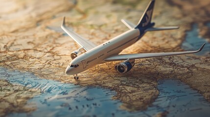 Naklejka premium A miniature airplane on a map with Boeing