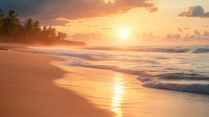 Obraz premium stunning tropical beach scene during sunset, with golden rays 