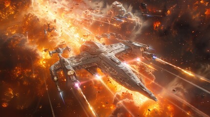 Fototapeta premium Spacecraft in a Fiery Battle