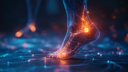 Human Foot with Glowing Nerve Endings, a Representation of the Nervous System and Pain Sensations