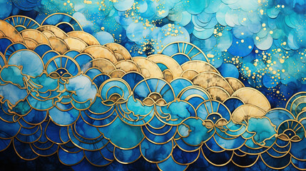 Fototapeta premium Seigaiha alcohol ink texture, blue and gold waves
