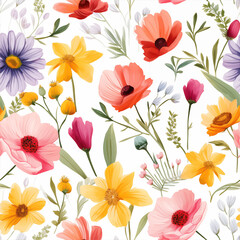 handdrawn painting of cute and beautiful flowers, white background