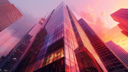 Fototapeta premium Modern skyscraper against a vibrant sunset sky, showcasing urban architecture and city living in a dynamic metropolis.