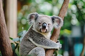 Obraz premium Close-up of a koala sitting in a tree with an eucalyptus forest background