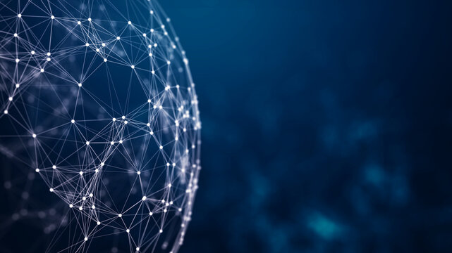 Cyber protect security sphere. Digital network connections forming a globe on a dark blue background, symbolizing global communication and technology. 