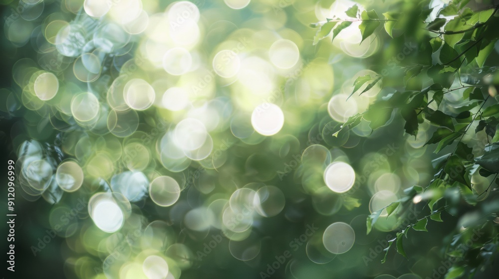Wall mural green bokeh, circular pattern around the edge, bright and airy.