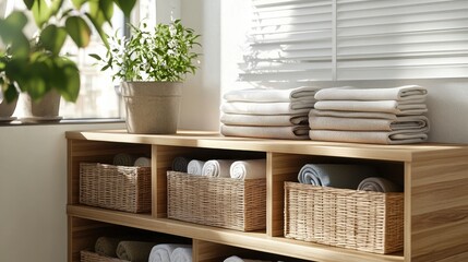 A serene bathroom scene featuring neatly folded towels and organized storage baskets, accentuated by natural light and greenery.