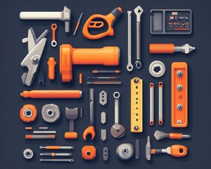 Collection of various tools arranged neatly, showcasing functionality and design in vibrant orange and gray colors.