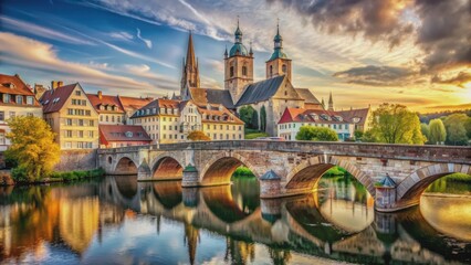Fototapeta premium Cityscape with an old stone bridge overlooking a beautiful church, city, urban, skyline, bridge, architecture, historical
